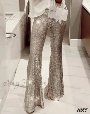 Amy Fashion - Sequins High Waist Bell Bottomed Pants