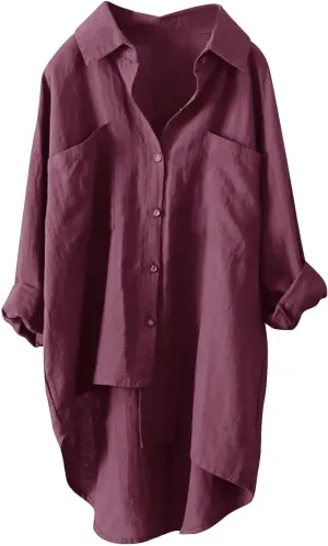 Button Down Blouses Tops Women Linen Shirts Autumn and Winter Work Daily Long Sleeved Slim Light Blue Shirt Top