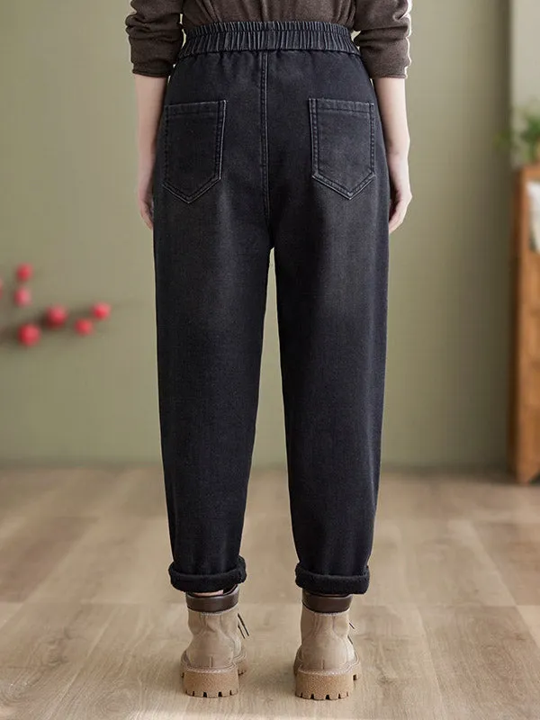 Casual Loose Velvet Solid Color With Pockets Harem Jean Pants Bottoms