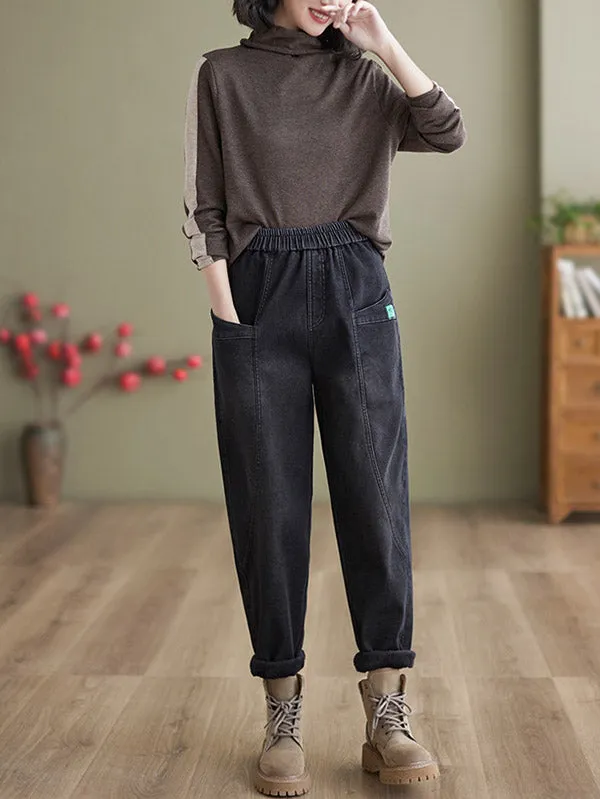 Casual Loose Velvet Solid Color With Pockets Harem Jean Pants Bottoms