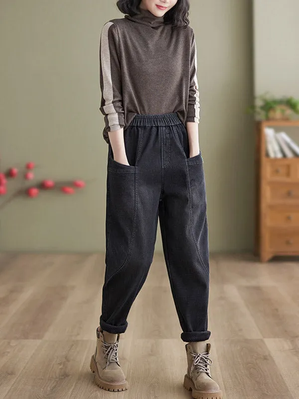 Casual Loose Velvet Solid Color With Pockets Harem Jean Pants Bottoms