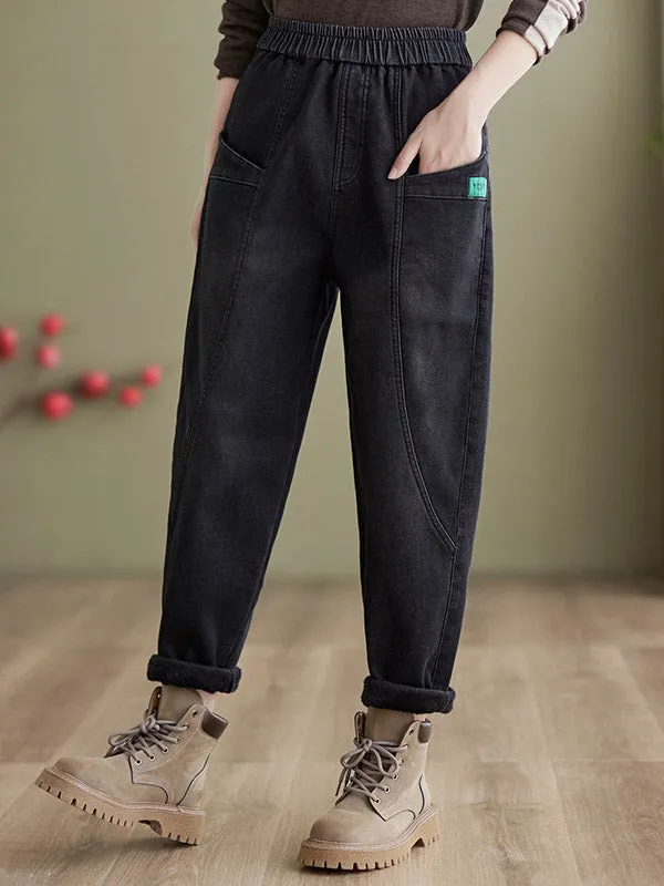 Casual Loose Velvet Solid Color With Pockets Harem Jean Pants Bottoms