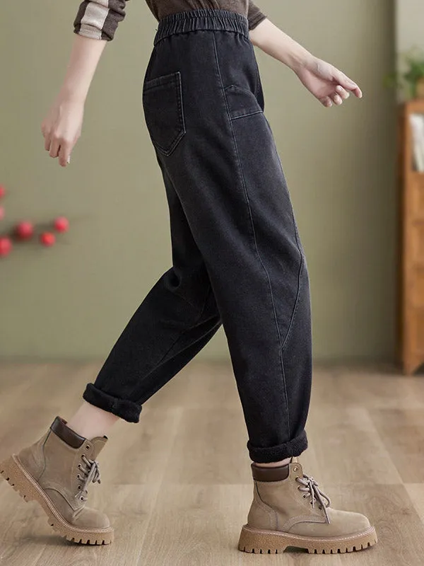 Casual Loose Velvet Solid Color With Pockets Harem Jean Pants Bottoms