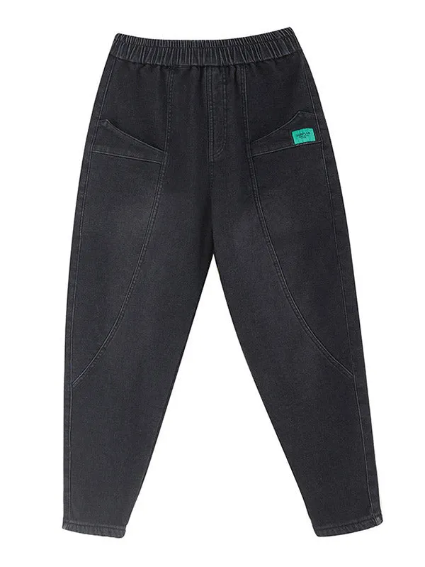 Casual Loose Velvet Solid Color With Pockets Harem Jean Pants Bottoms