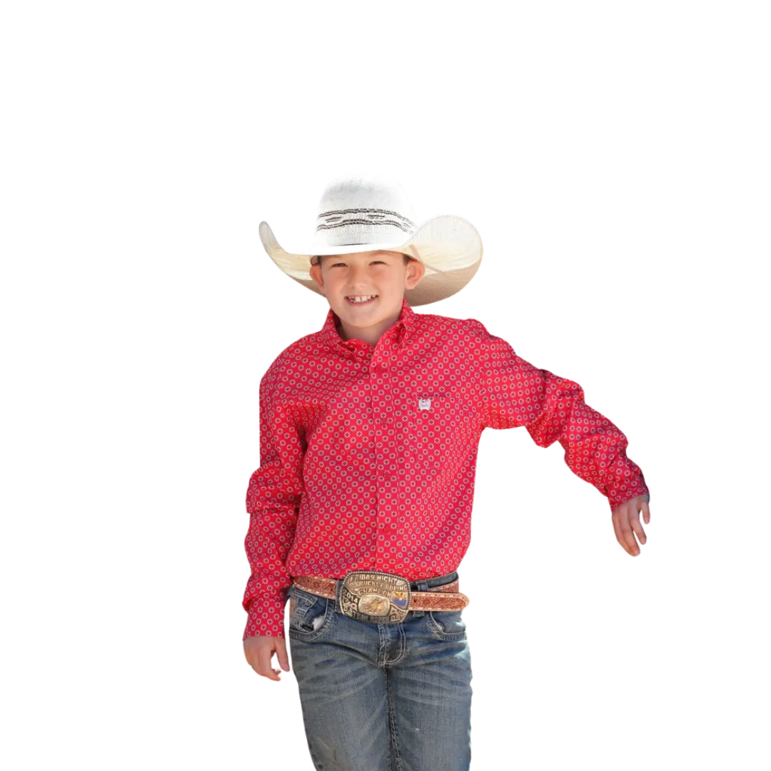 Cinch Kid's Match Dad Geometric Button Down Western Print Red Shirt