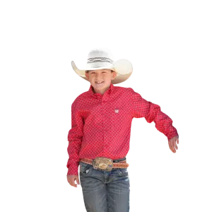 Cinch Kid's Match Dad Geometric Button Down Western Print Red Shirt