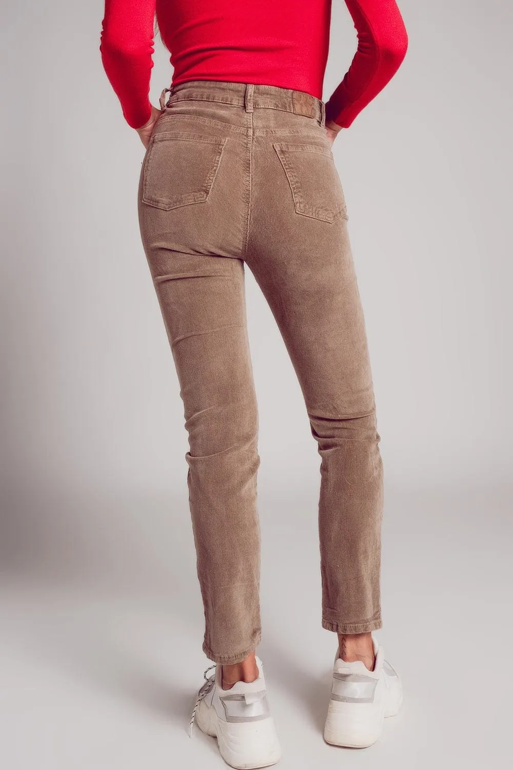 Cotton Skinny Cord Pants In Beige