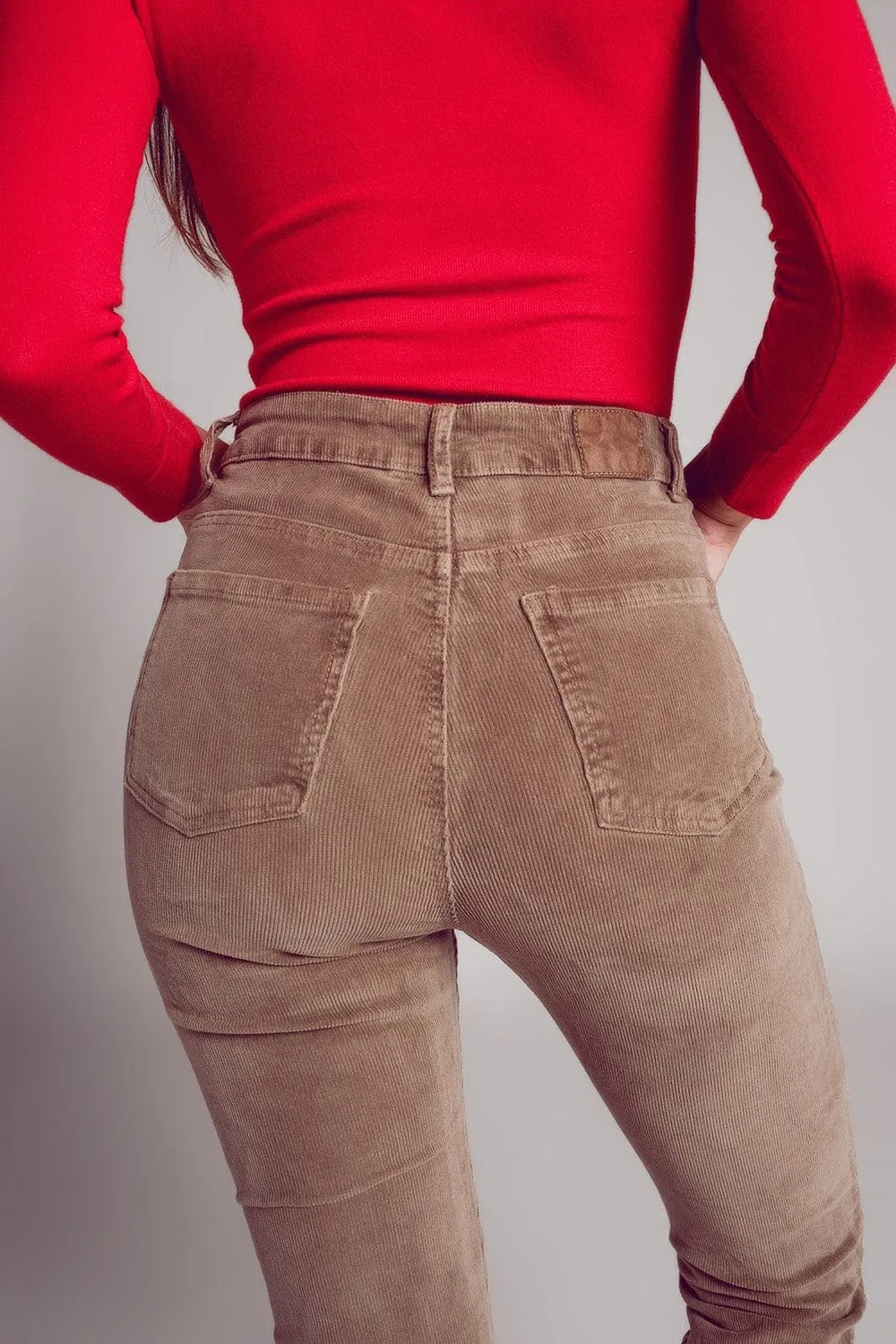 Cotton Skinny Cord Pants In Beige