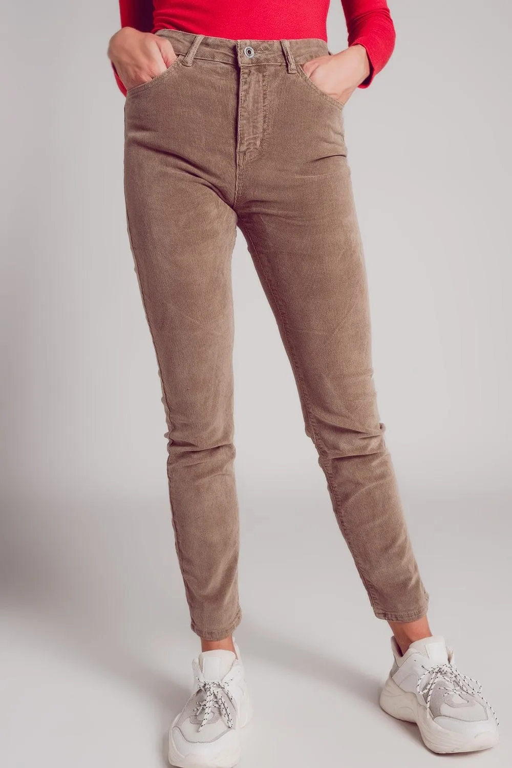 Cotton Skinny Cord Pants In Beige