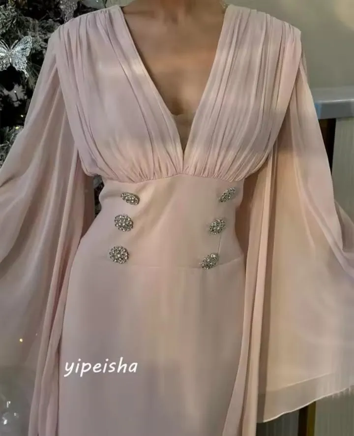 Customized Exquisite Elegant V-neck A-line Beading Draped Anke Length Skirts Charmeuse Evening Dresses   S2971456
