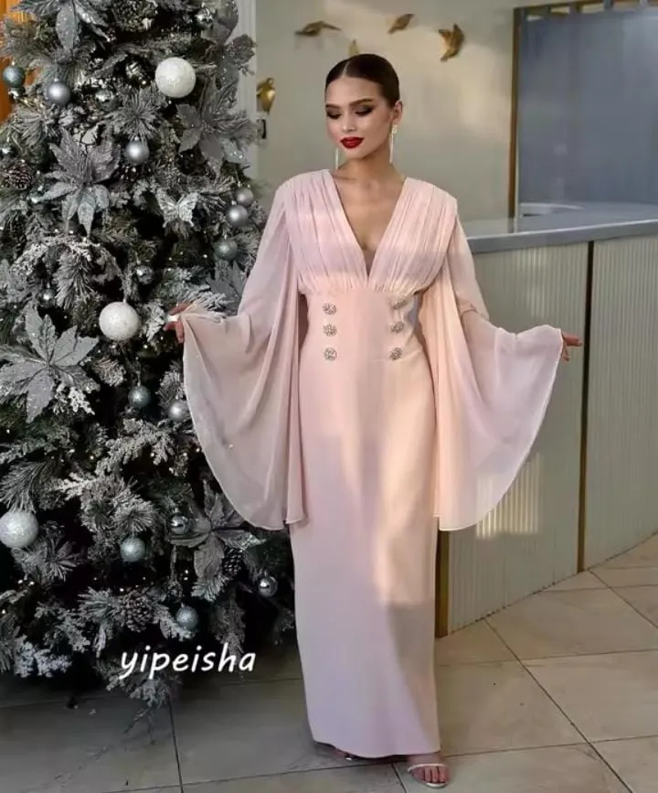 Customized Exquisite Elegant V-neck A-line Beading Draped Anke Length Skirts Charmeuse Evening Dresses   S2971456