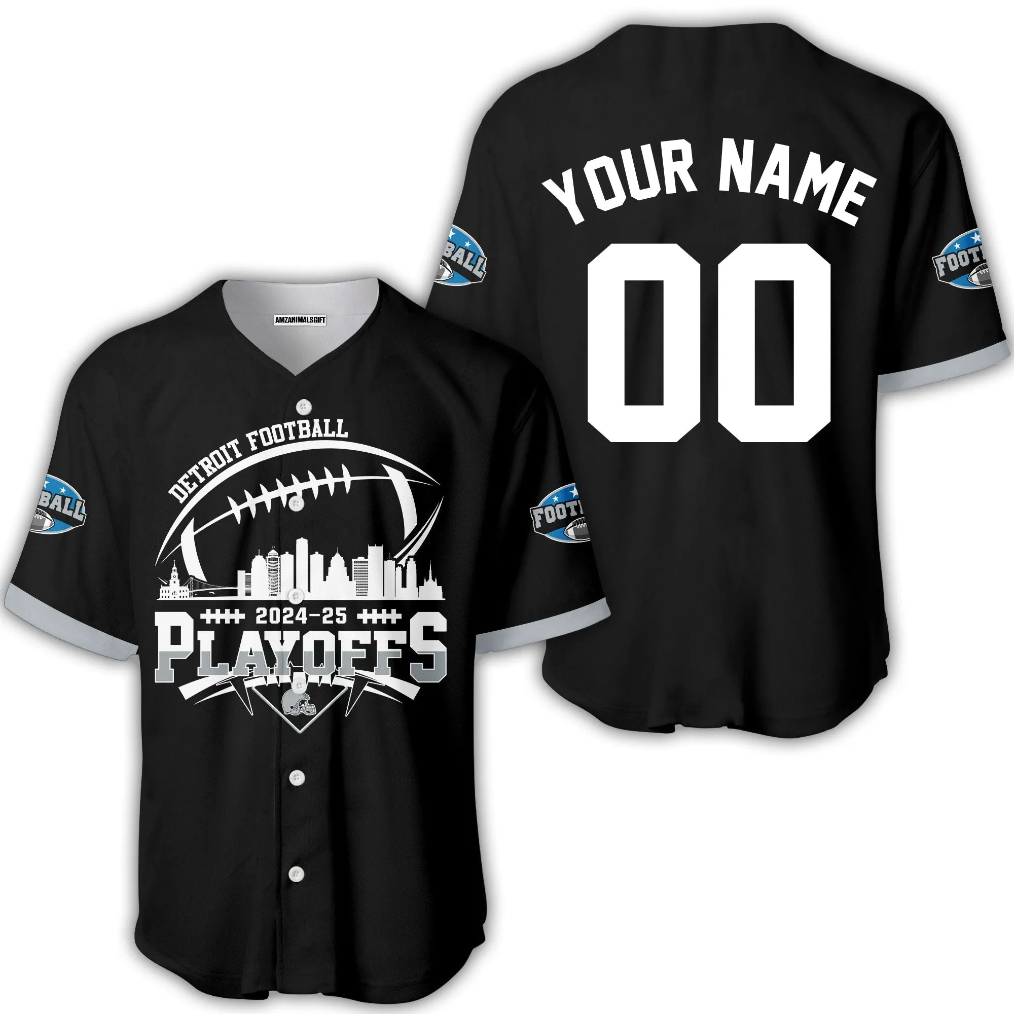 Detroit American Football 2024-25 Playoffs Skyline Custom Baseball Jersey, Playoffs Detroit Game Day Custom 2 Sided Baseball Jersey Shirts