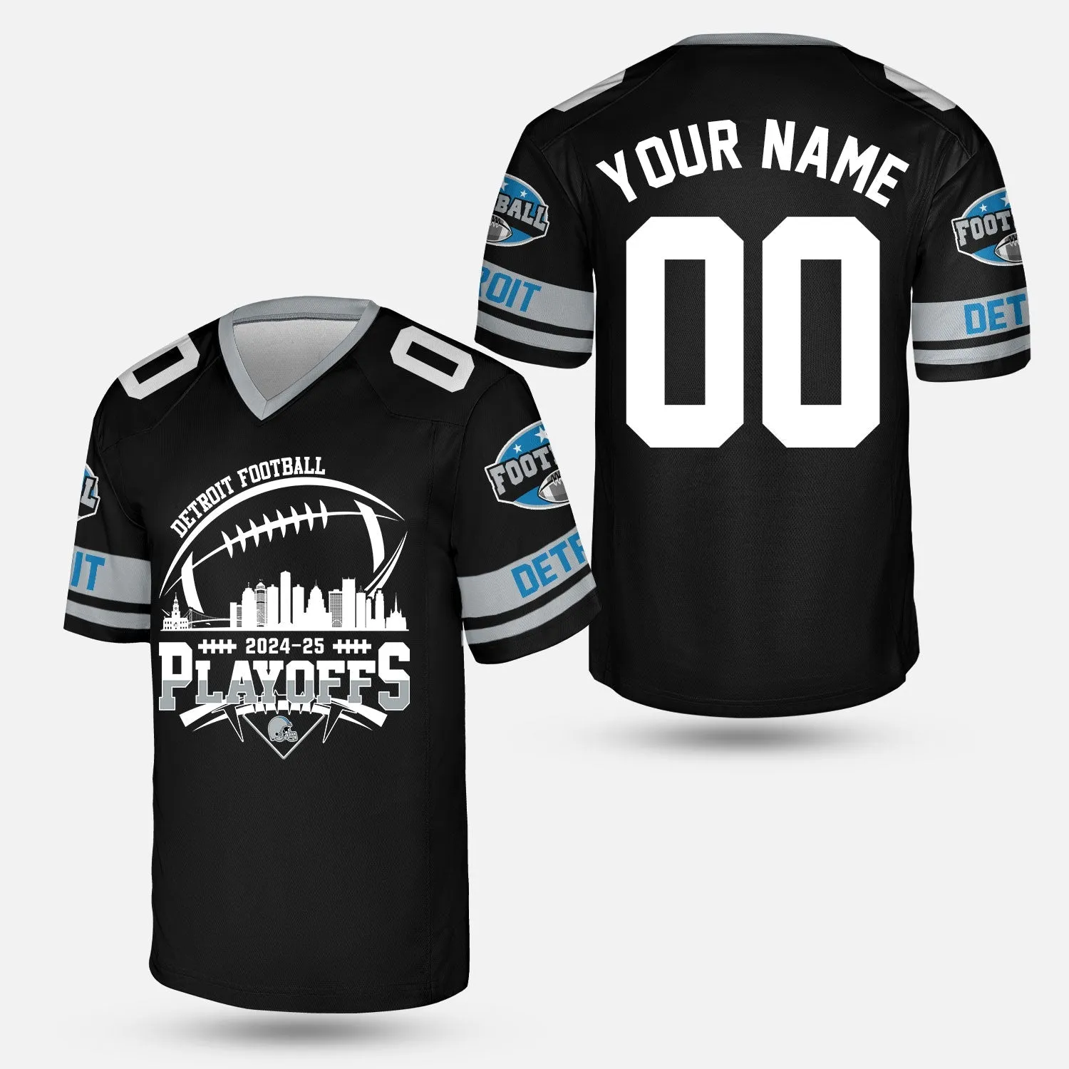 Detroit American Football 2024-25 Playoffs Skyline Custom Baseball Jersey, Playoffs Detroit Game Day Custom 2 Sided Baseball Jersey Shirts