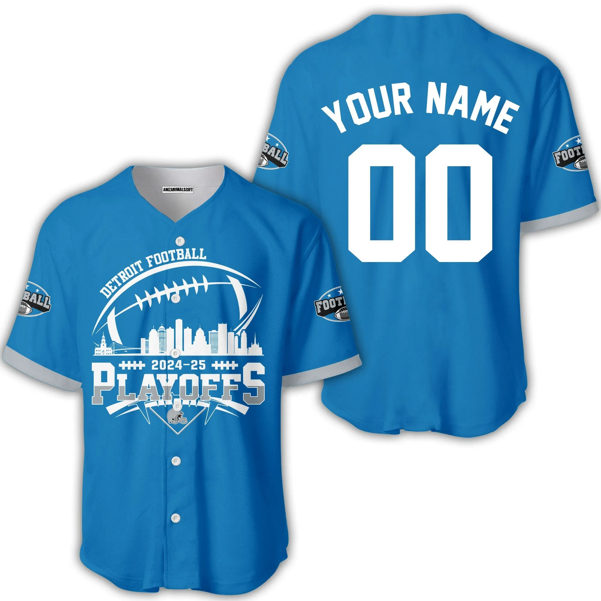 Detroit American Football 2024-25 Playoffs Skyline Custom Baseball Jersey, Playoffs Detroit Game Day Custom 2 Sided Baseball Jersey Shirts