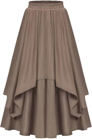 Double Layered Long Skirt for Women Trendy Asymmetrical Ruffle A Line Skirts Vintage High Waisted Long Skirt