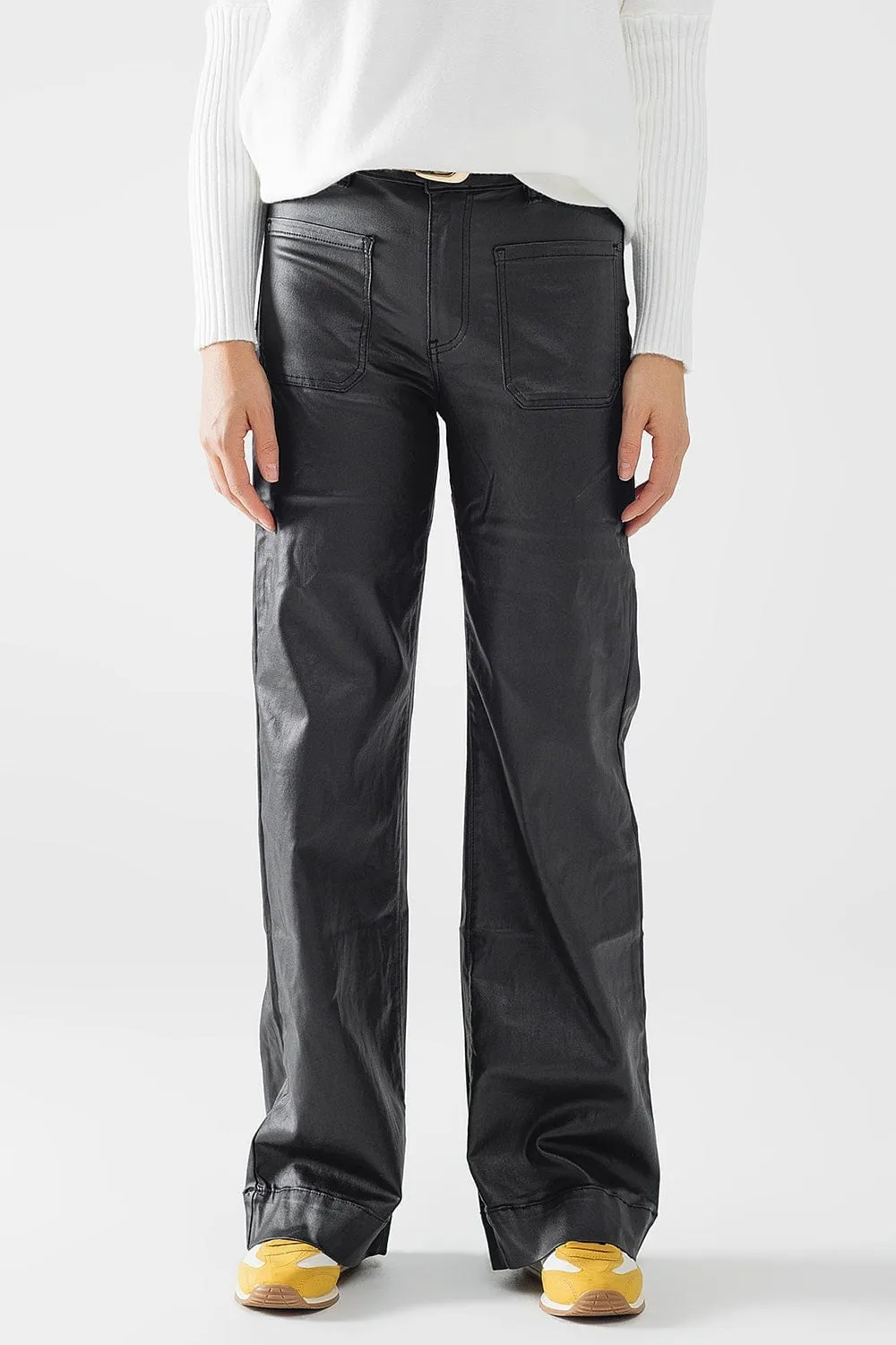 Faux Leather Pants With Wide Leg And Pocket Detail