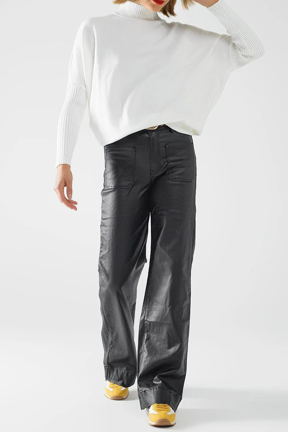 Faux Leather Pants With Wide Leg And Pocket Detail