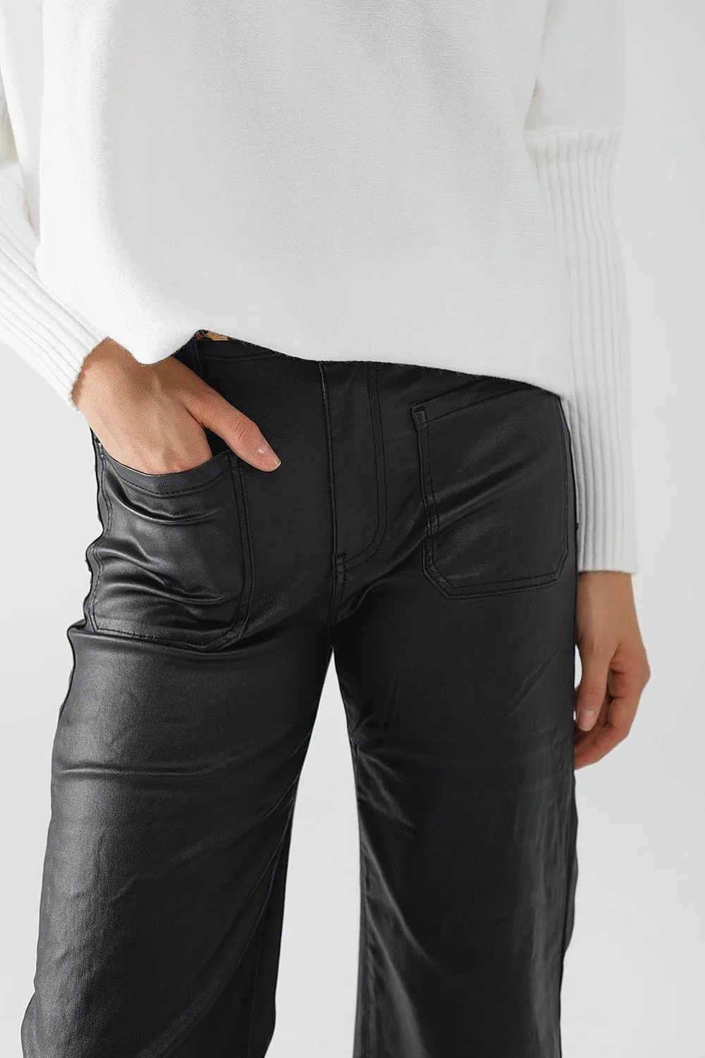 Faux Leather Pants With Wide Leg And Pocket Detail