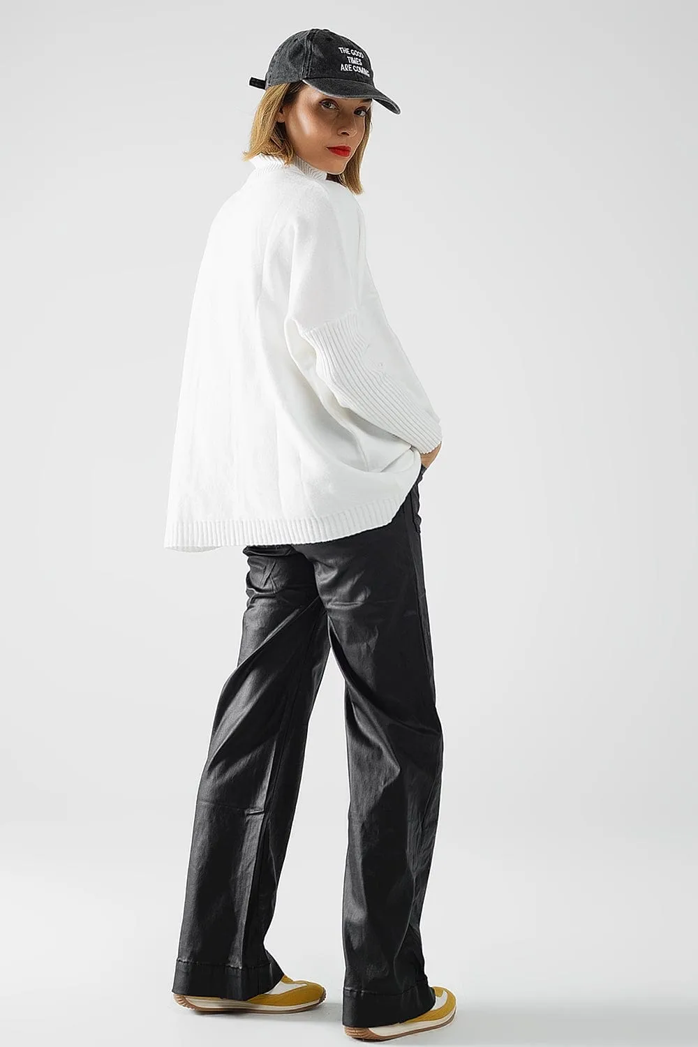 Faux Leather Pants With Wide Leg And Pocket Detail