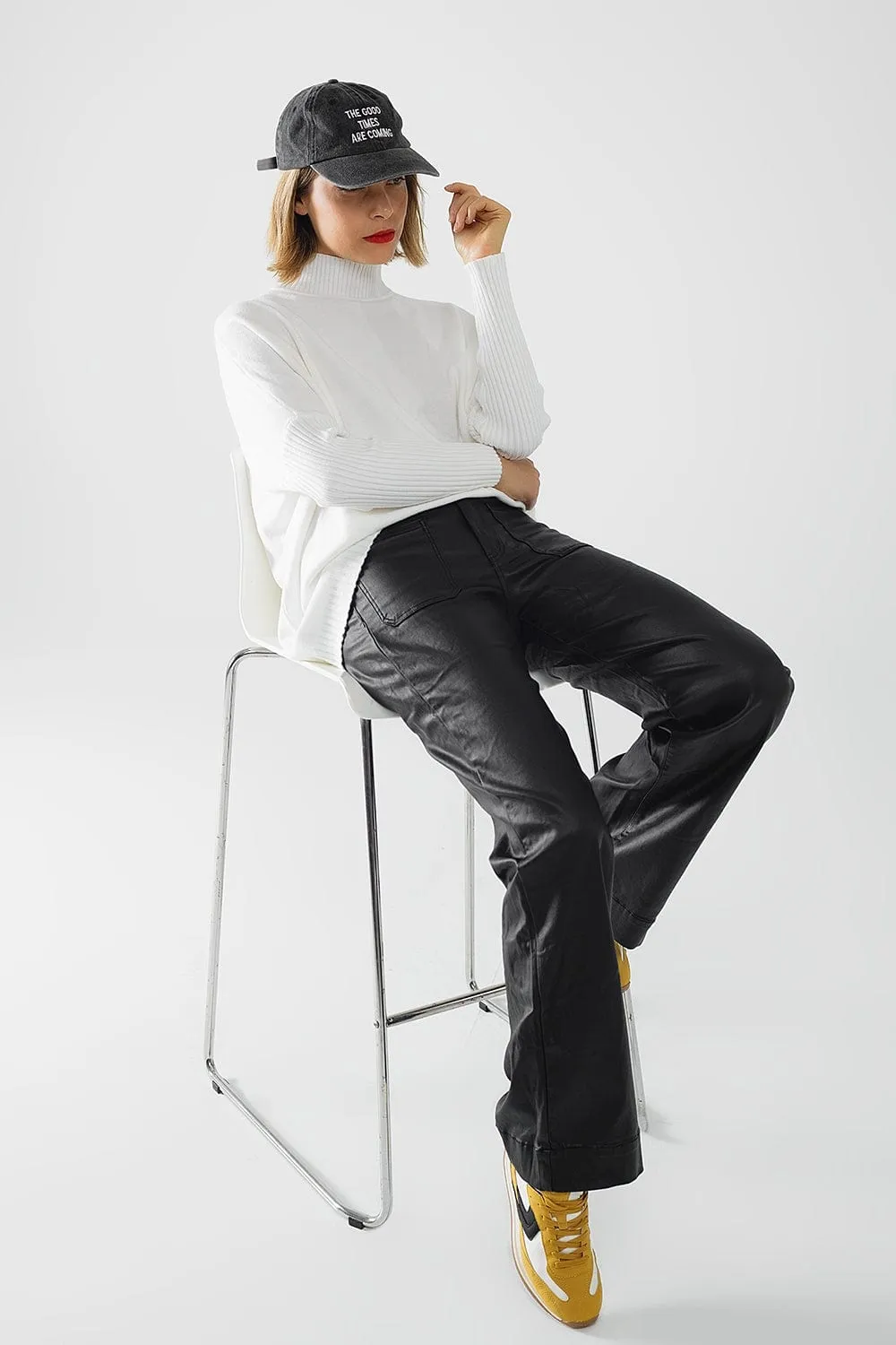 Faux Leather Pants With Wide Leg And Pocket Detail