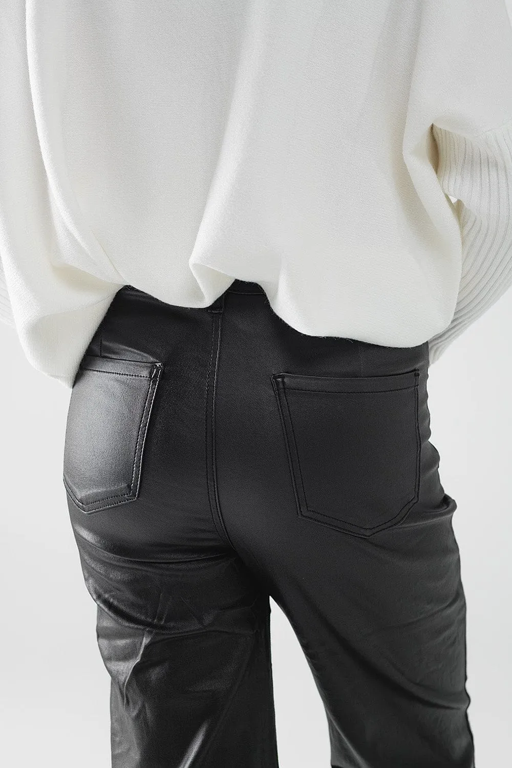 Faux Leather Pants With Wide Leg And Pocket Detail