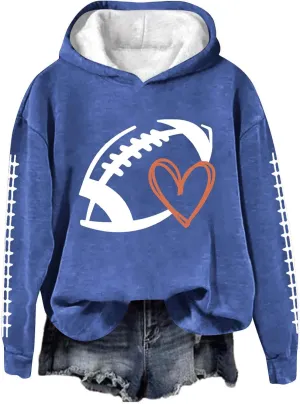 Football Game Day Womens Apparel Game Day Heart Football Graphic Hoodies Pullover Crew Neck Long Sleeve Shirts