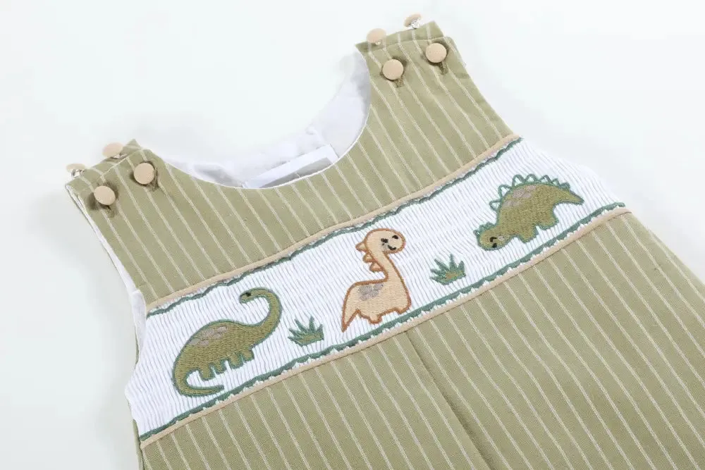Green Dinosaur Smocked Overalls