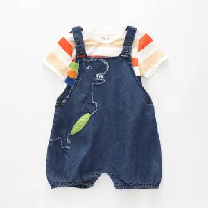 Infant and Toddler Boys Denim Dino Overalls 2 Piece Set