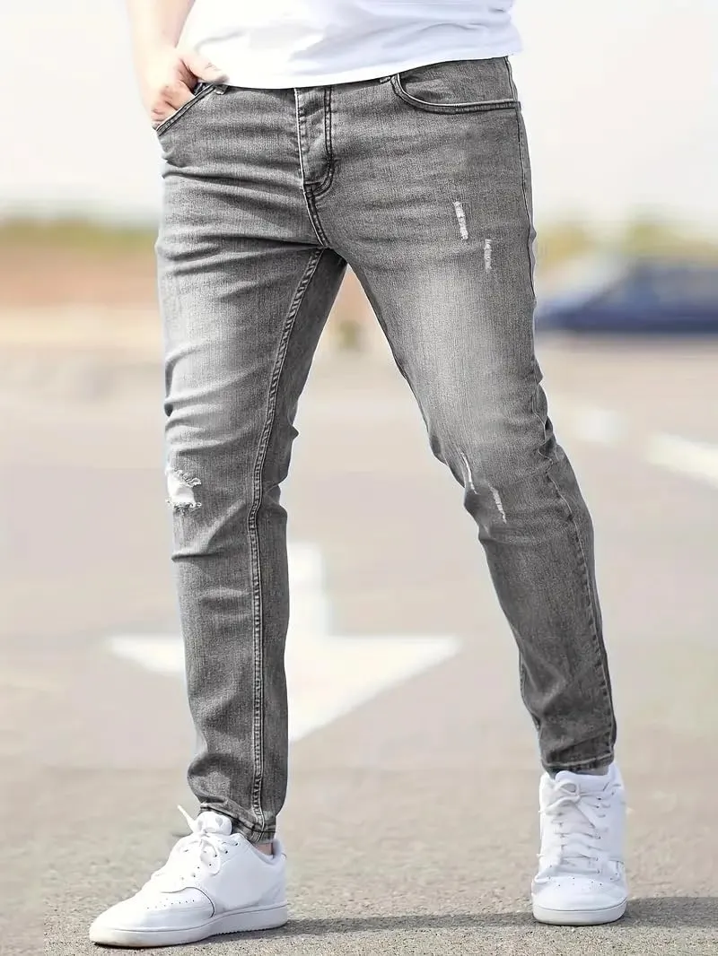 Jeans for Men Stretch Fit Skinny Denim Pants Casual Distressed Jeans Straight Leg Slim Fit Trendy Streetwear Spring