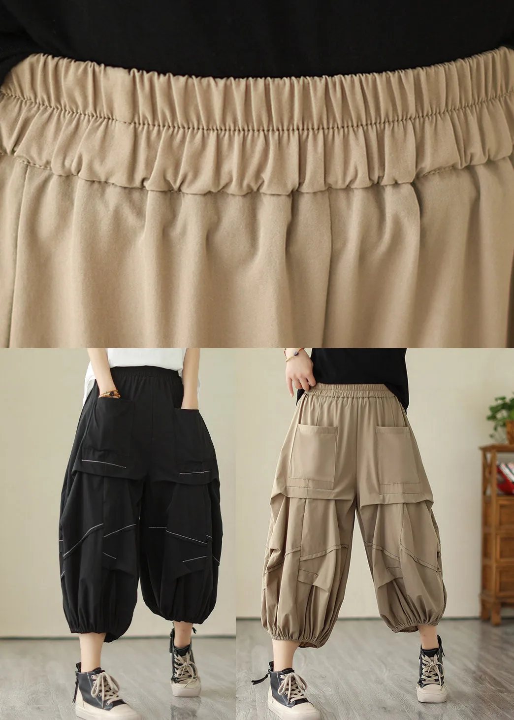Khaki Elastic Waist Cozy Wide Leg Pants LY2997