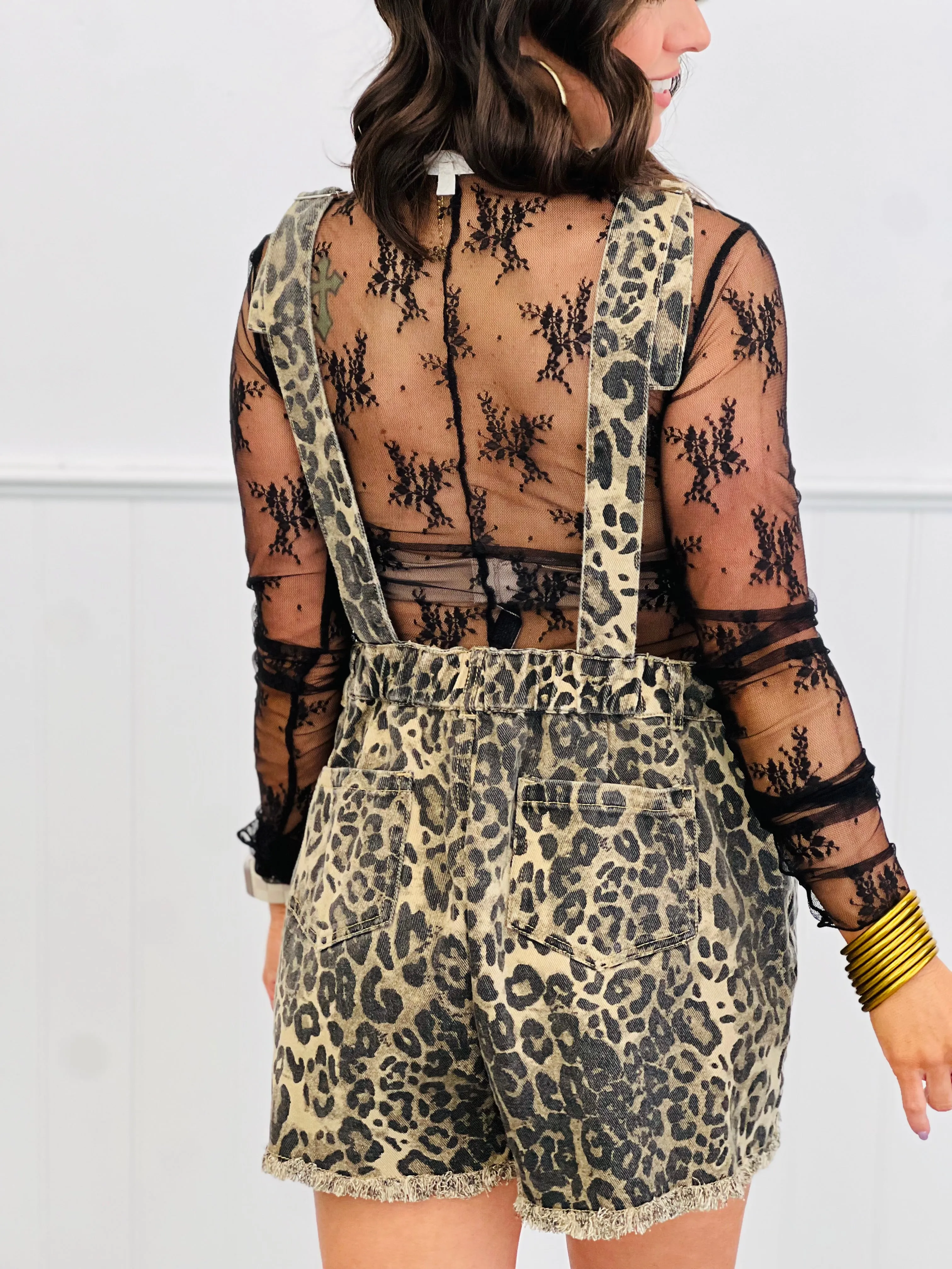Leopard Print Distressed Pocket Short Overalls (Reg. and Plus)