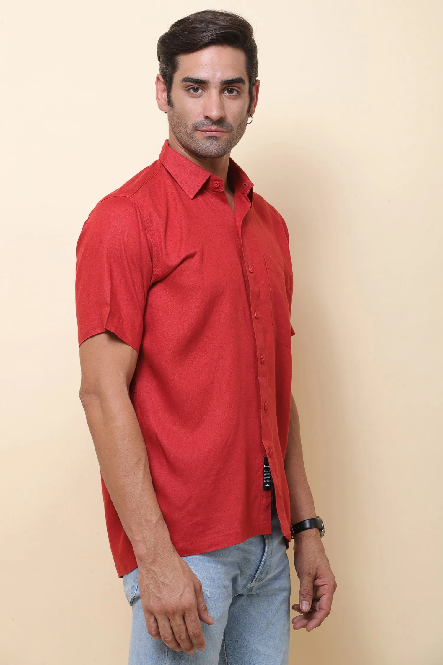 Linen Red Half Sleeve Shirt for Men