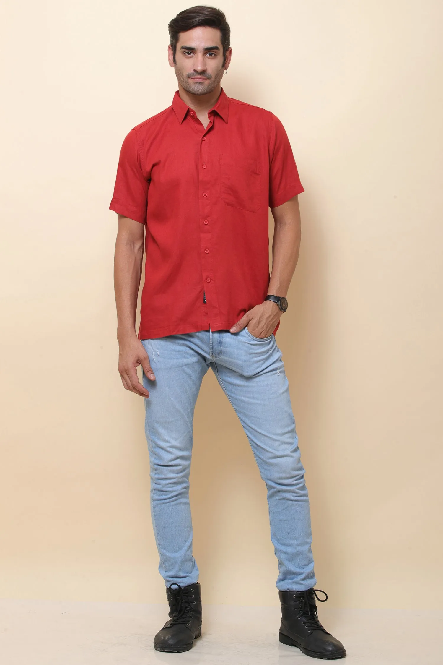 Linen Red Half Sleeve Shirt for Men