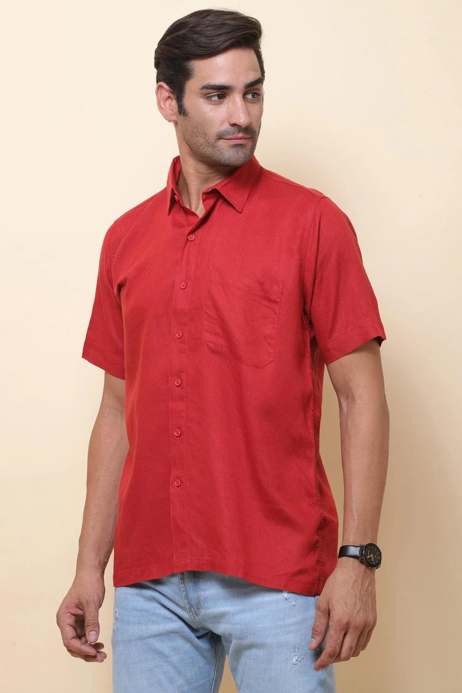 Linen Red Half Sleeve Shirt for Men