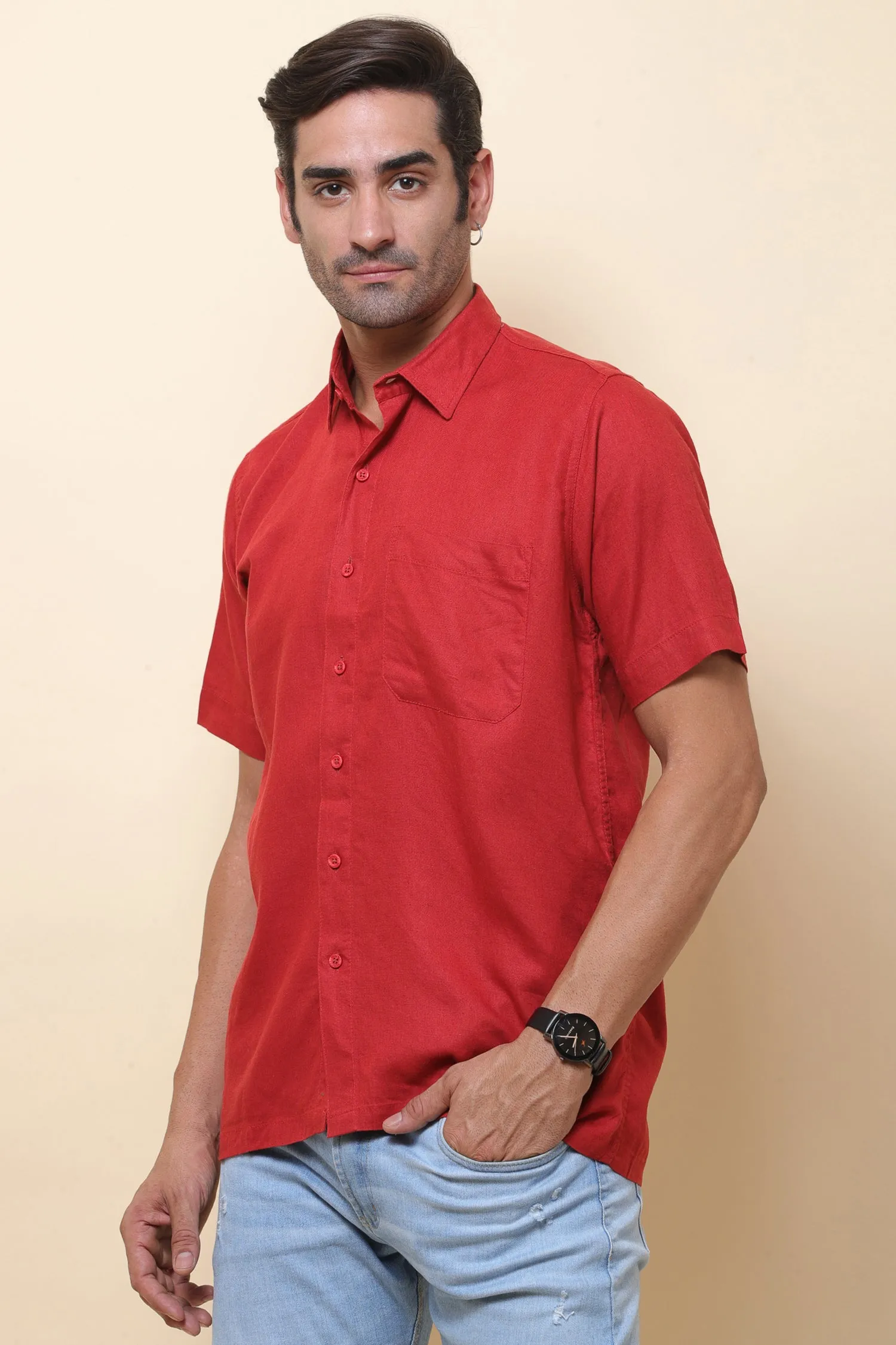 Linen Red Half Sleeve Shirt for Men