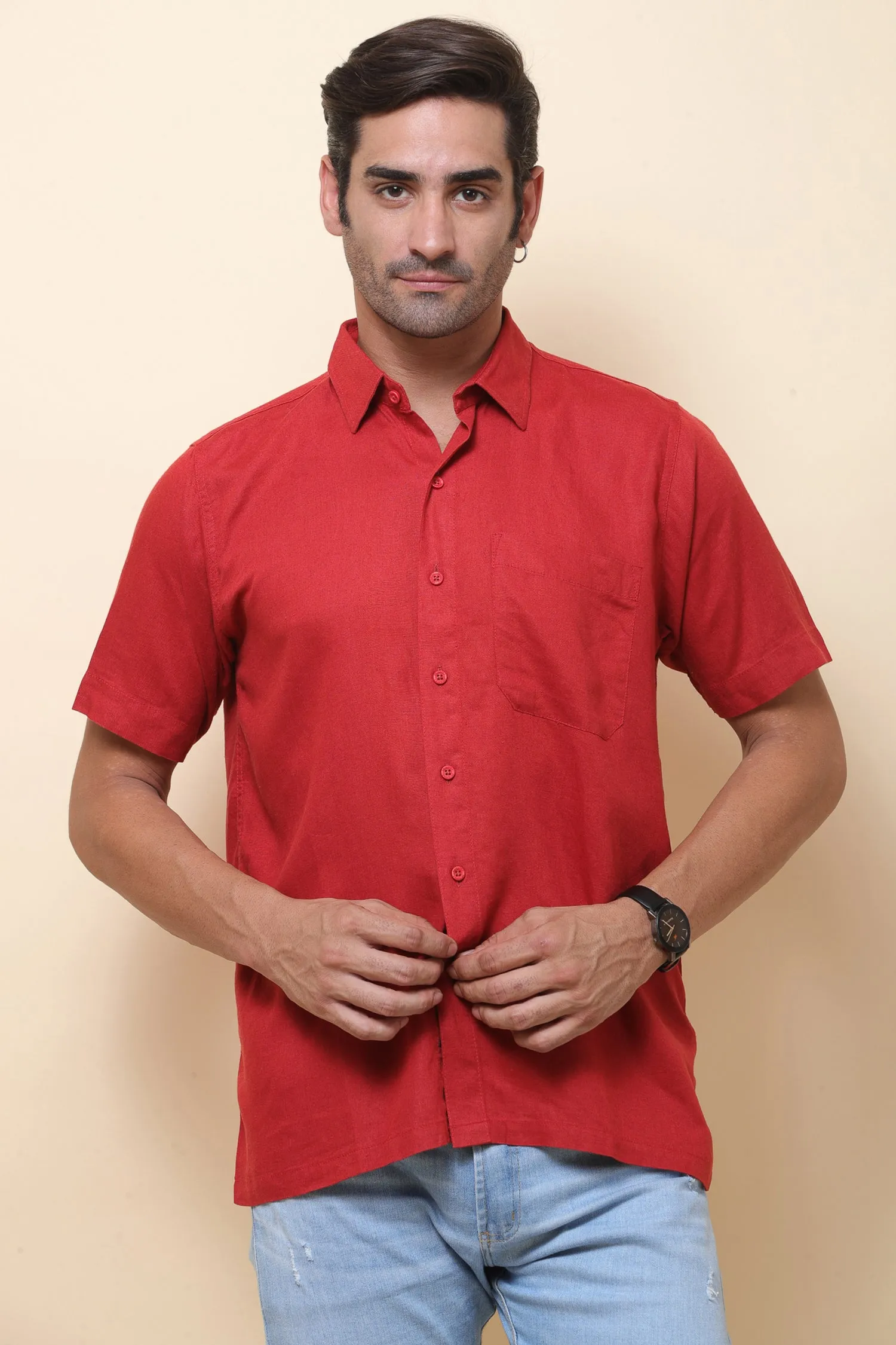 Linen Red Half Sleeve Shirt for Men