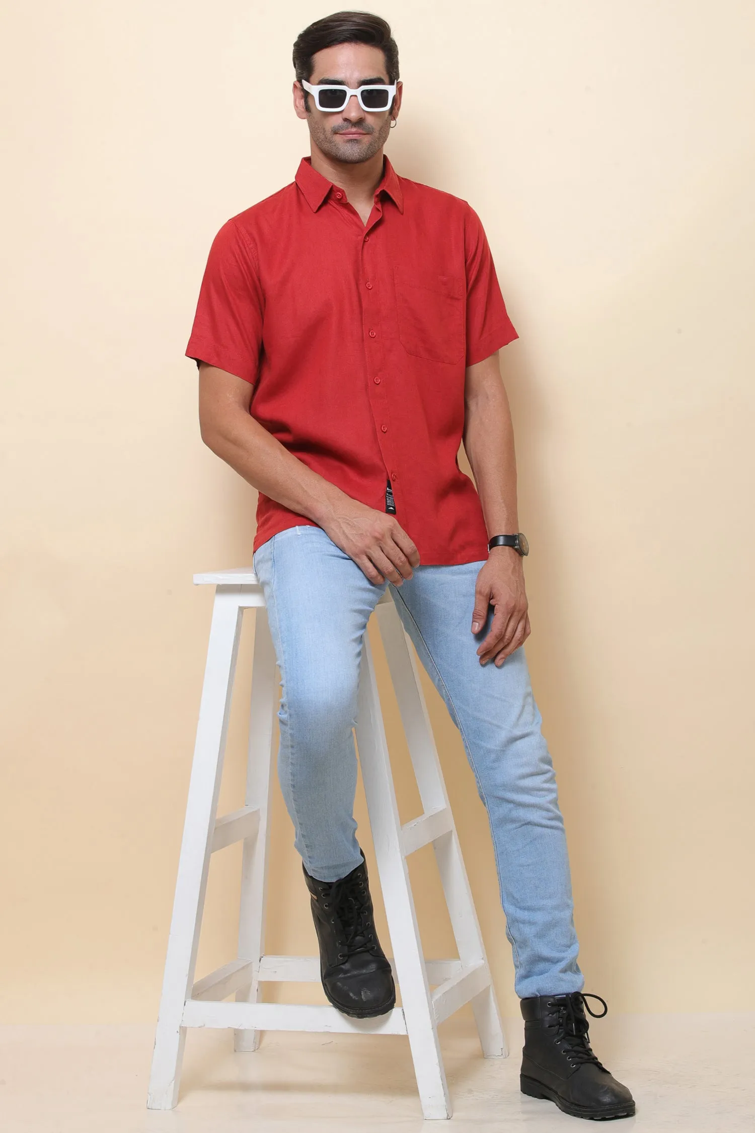 Linen Red Half Sleeve Shirt for Men
