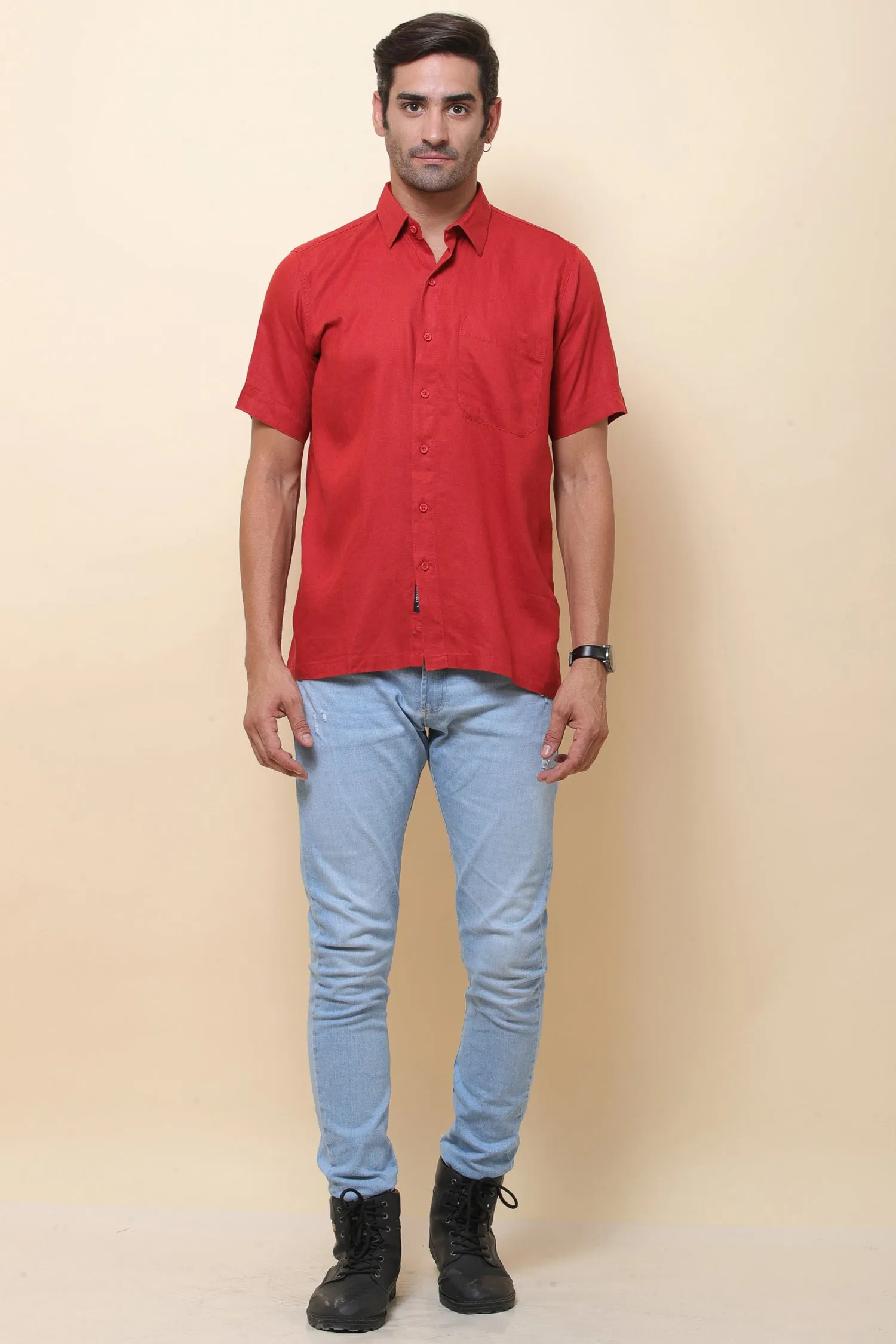 Linen Red Half Sleeve Shirt for Men