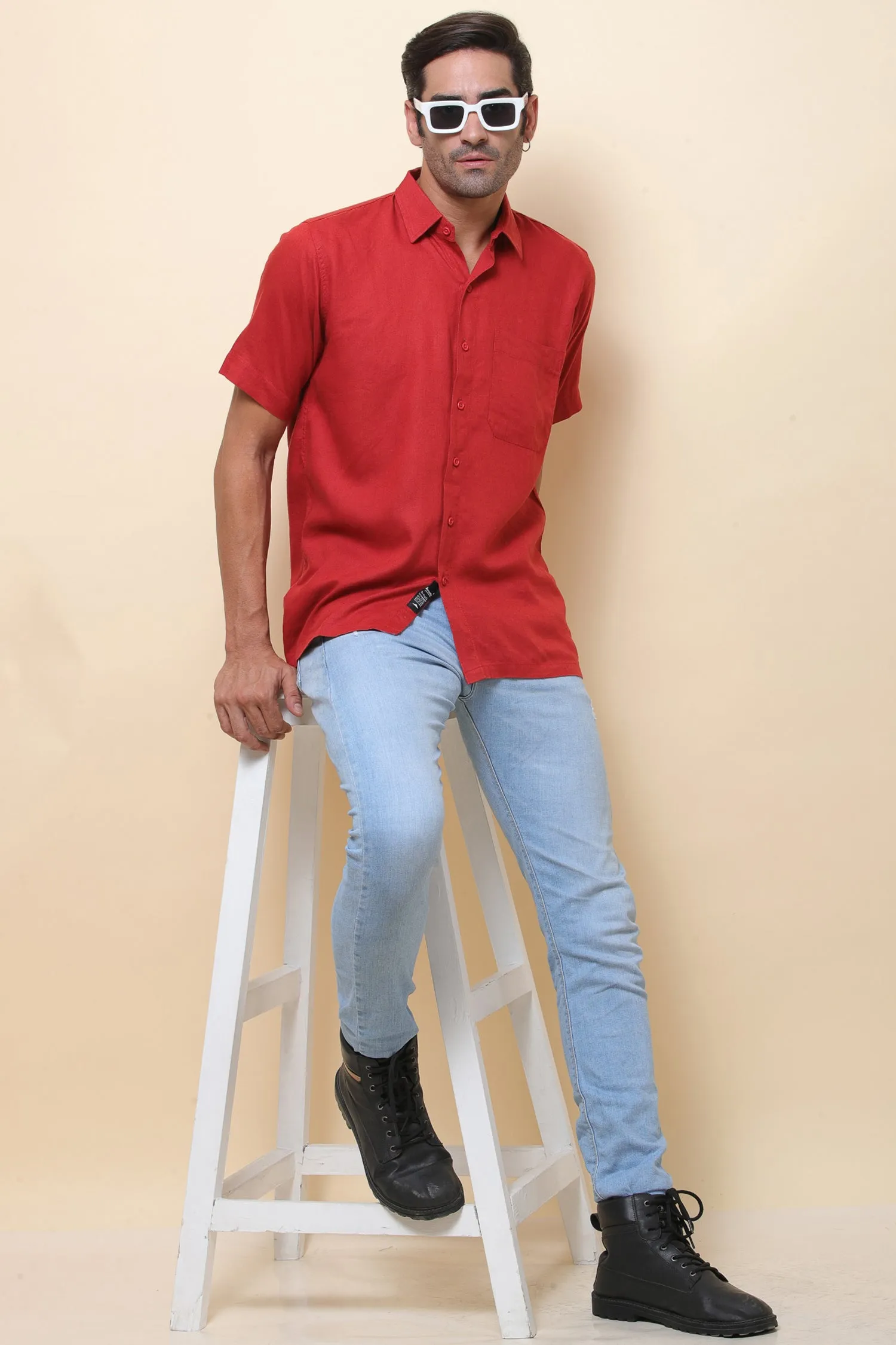 Linen Red Half Sleeve Shirt for Men