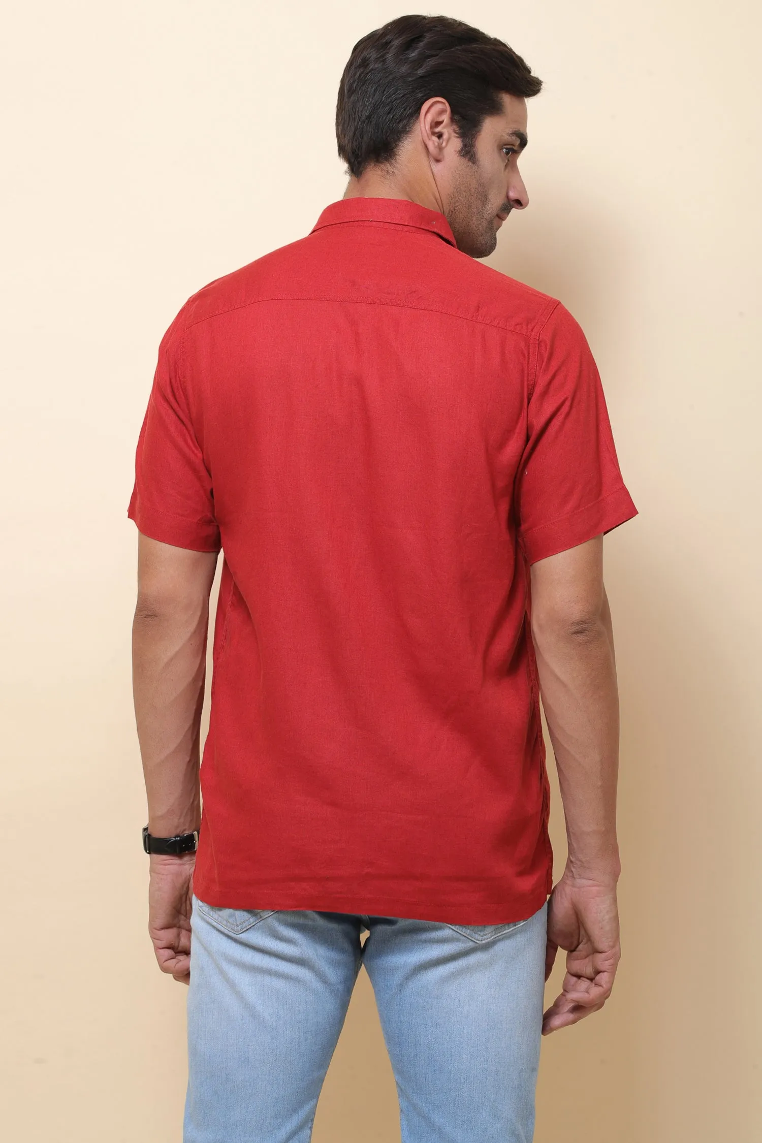 Linen Red Half Sleeve Shirt for Men