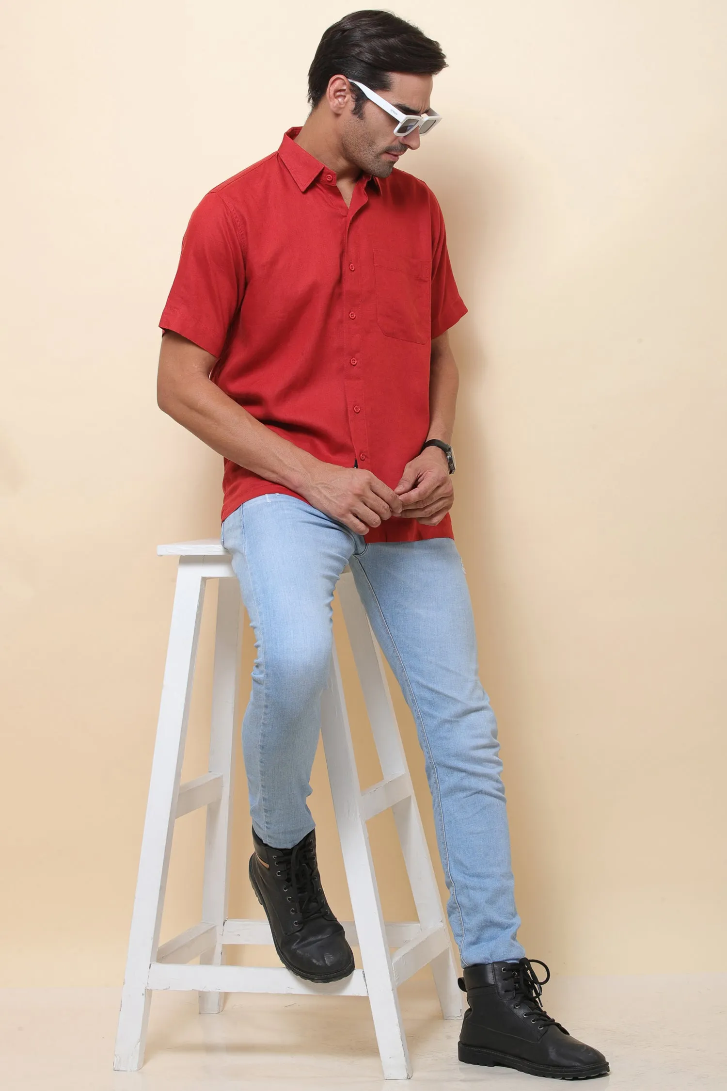 Linen Red Half Sleeve Shirt for Men