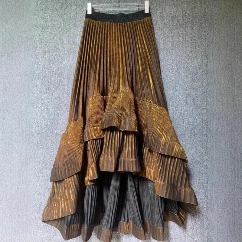 LVSANW DEAT Women's Skirt Elastic High Waist Pleated Irregular Elegant Shiny A-line Female Long Skirts 2025 New Fashion Spring 29L8834