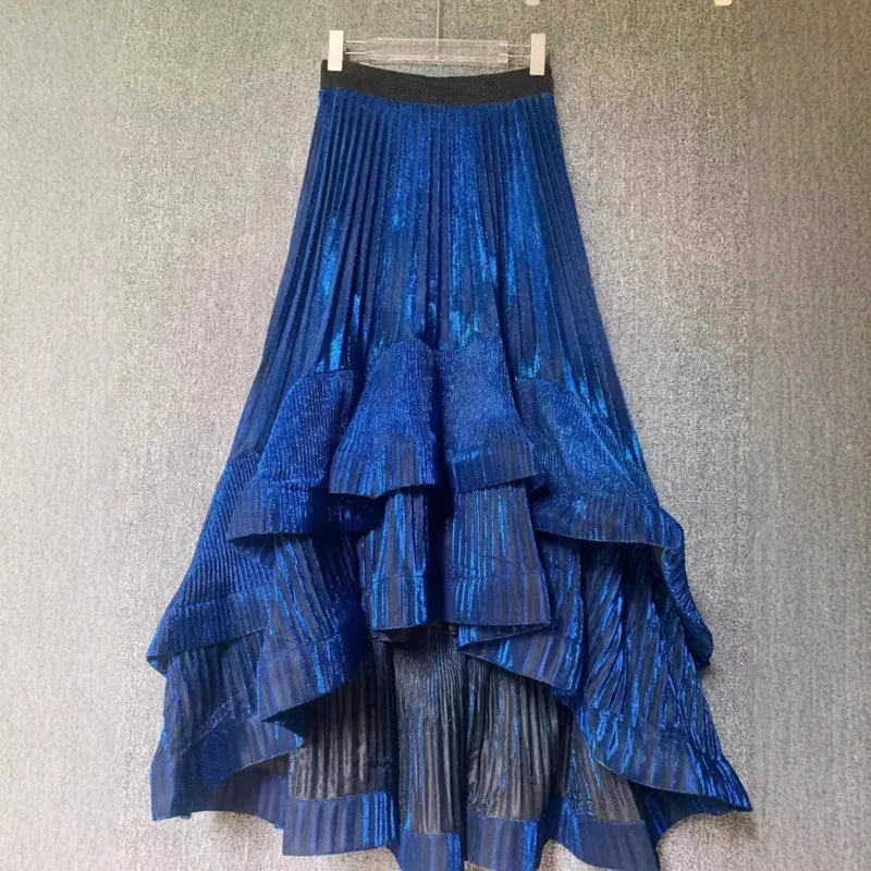 LVSANW DEAT Women's Skirt Elastic High Waist Pleated Irregular Elegant Shiny A-line Female Long Skirts 2025 New Fashion Spring 29L8834