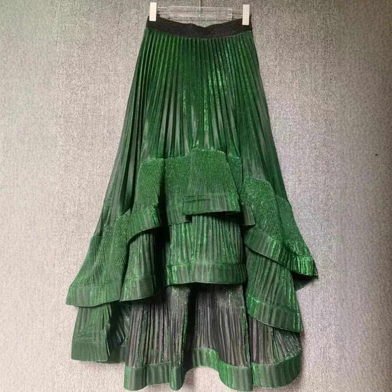 LVSANW DEAT Women's Skirt Elastic High Waist Pleated Irregular Elegant Shiny A-line Female Long Skirts 2025 New Fashion Spring 29L8834