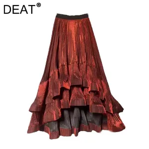 LVSANW DEAT Women's Skirt Elastic High Waist Pleated Irregular Elegant Shiny A-line Female Long Skirts 2025 New Fashion Spring 29L8834