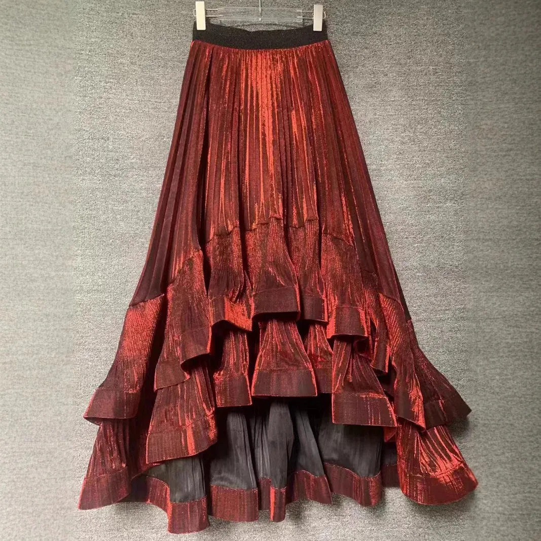 LVSANW DEAT Women's Skirt Elastic High Waist Pleated Irregular Elegant Shiny A-line Female Long Skirts 2025 New Fashion Spring 29L8834