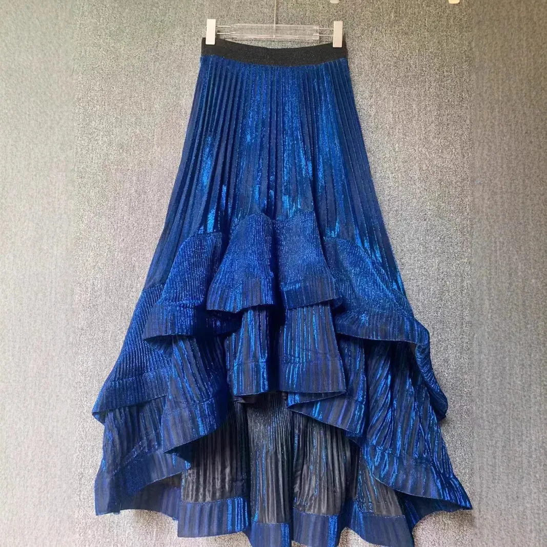 LVSANW DEAT Women's Skirt Elastic High Waist Pleated Irregular Elegant Shiny A-line Female Long Skirts 2025 New Fashion Spring 29L8834