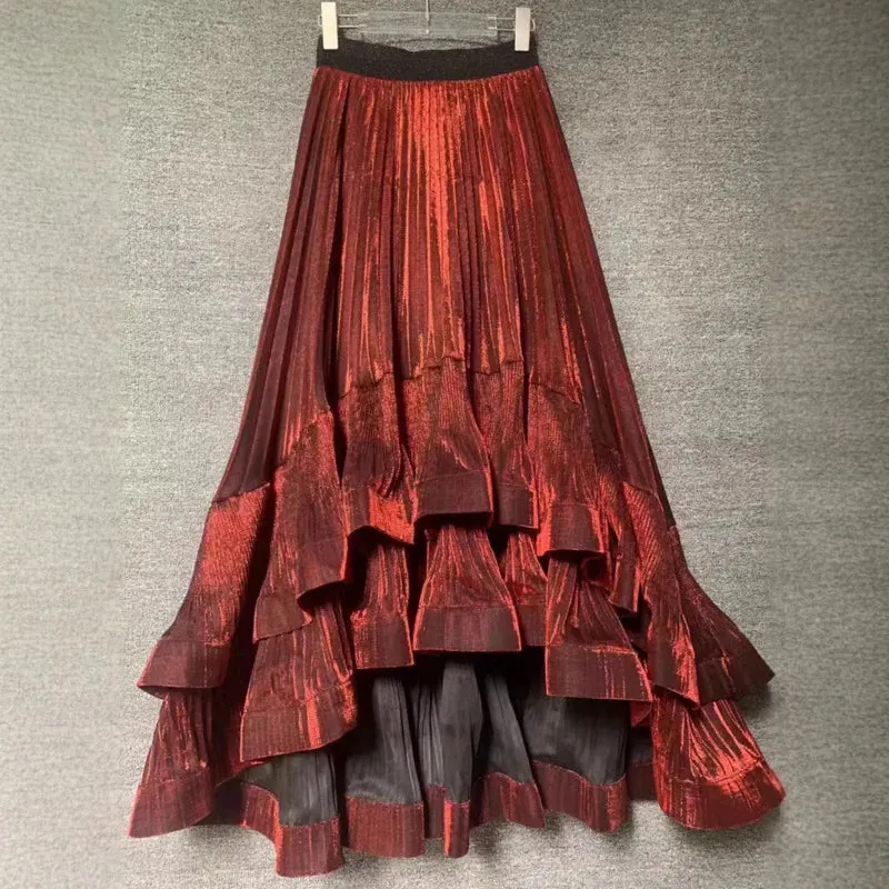 LVSANW DEAT Women's Skirt Elastic High Waist Pleated Irregular Elegant Shiny A-line Female Long Skirts 2025 New Fashion Spring 29L8834