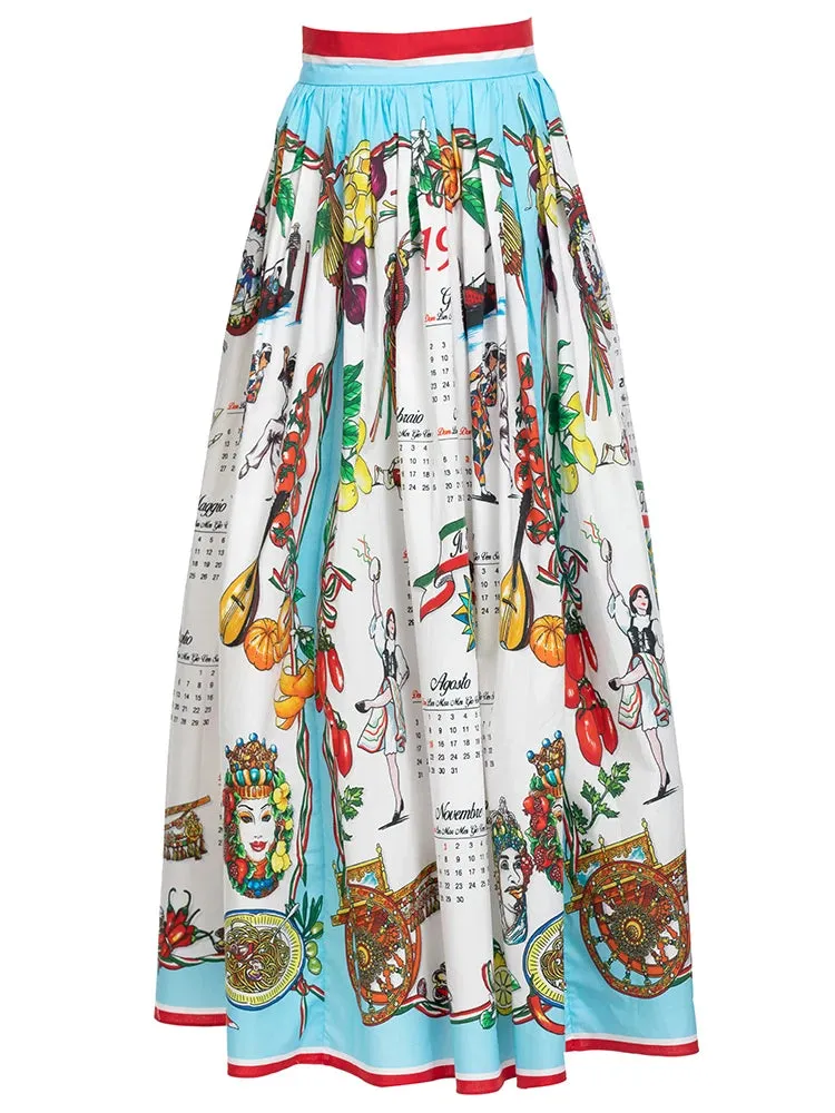 LVSANW Female Clothing 2024 Vintage Runway Autumn Cotton Skirts Women's Vegetable and Food Calendar print Vacation Elegant Skirts