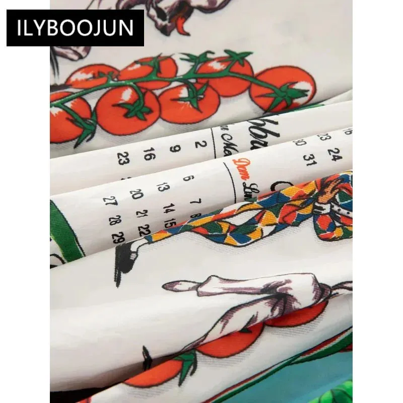 LVSANW Female Clothing 2024 Vintage Runway Autumn Cotton Skirts Women's Vegetable and Food Calendar print Vacation Elegant Skirts